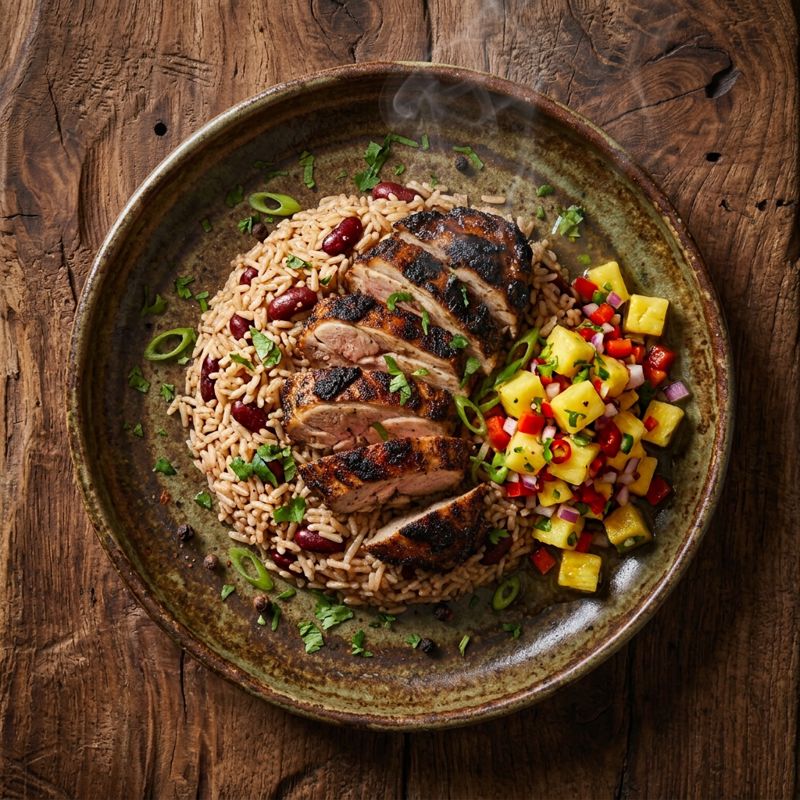 Jerk Chicken with Coconut Rice & Peas and Pineapple-Lime Salsa